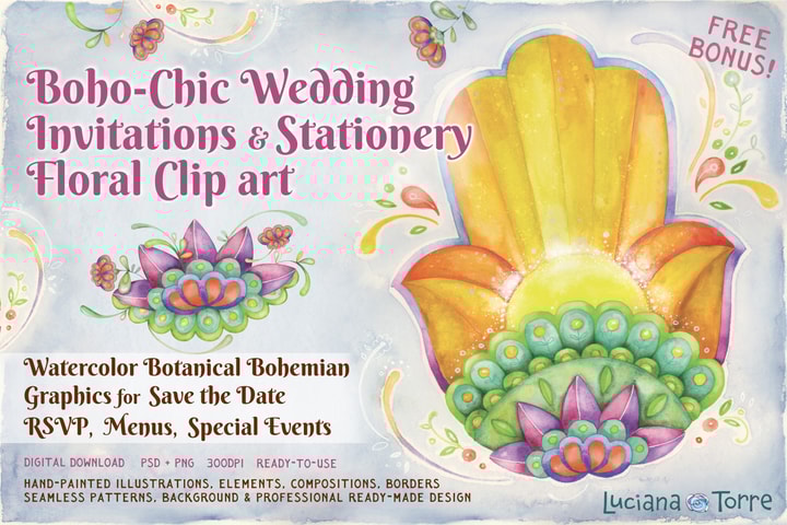Boho Floral Wedding Stationery Clip art, Botanical Watercolor Invitations, Save the Date, Menus, RSVP Cards, Bride-to-be Engagement & Bridal Shower Graphics